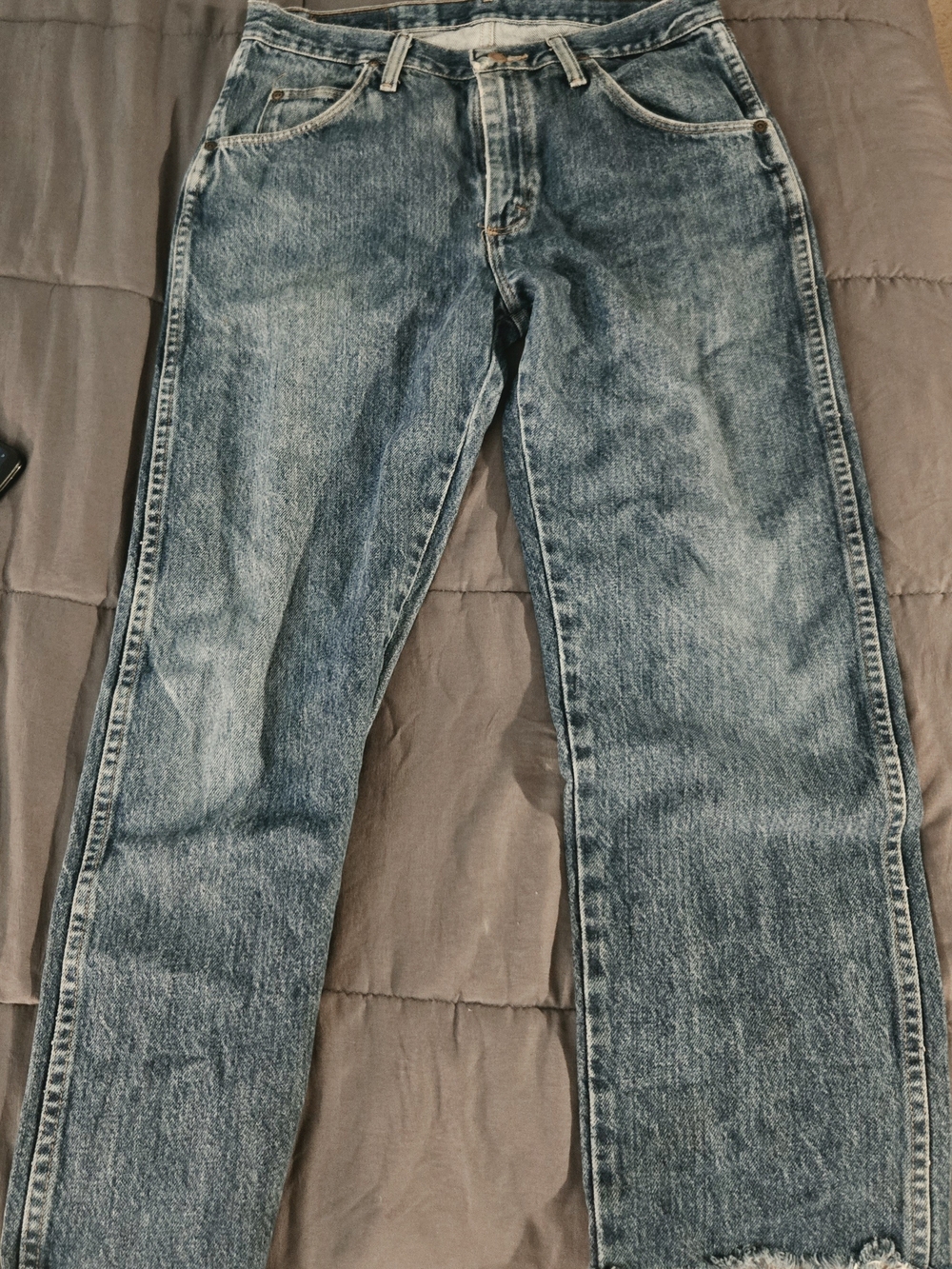 Wrangler Medium Wash Straight Leg Jeans Custom Frayed Edge Grunge Y2K